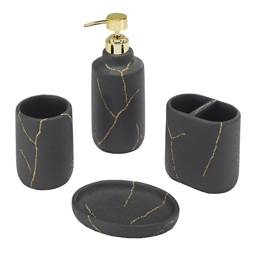 Nicole Miller - Bathroom Set, 4pc Resin Countertop Accessories, Dorm Room Essentials (Sydney Collection, Black/Gold) - size: 4 Pack Accessories