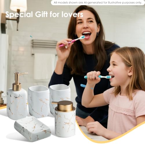 Marble Bathroom Accessories Set, 5 Pieces Ceramic Bathroom Accessories Set with Bathroom Soap and Toothbrush Holder Set Soap Dispenser, 2 Mouthwash Cups, Modern Bathroom Accessory Set