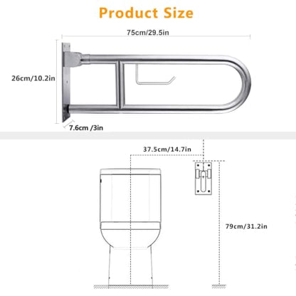 Toilet Grab Bar Stainless Steel Handicap Rails Grab Bars Bathroom Support for Elderly Disabled Safety Hand Railing Guard Frame Shower Assist Aid Handrails Hand Grips (29.5 Inches with Paper Holder) - size: 29.5 Inches with Paper Holder