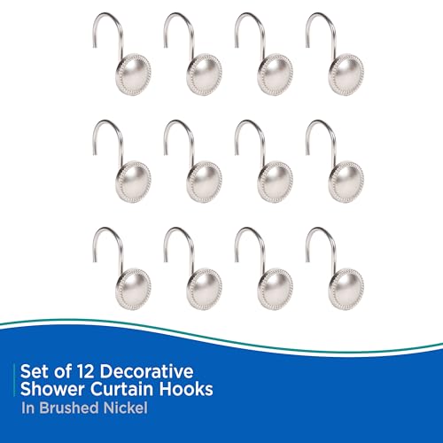 Kenney KN62151 Erin Rust-Resistant Metal Decorative Classic Shower Curtain Hooks for Shower Curtain and Standard Shower Curtain Rod, Bathroom Use, Easy to Install, Set of 12, Brushed Nickel