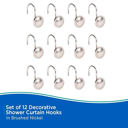 Kenney KN62151 Erin Rust-Resistant Metal Decorative Classic Shower Curtain Hooks for Shower Curtain and Standard Shower Curtain Rod, Bathroom Use, Easy to Install, Set of 12, Brushed Nickel