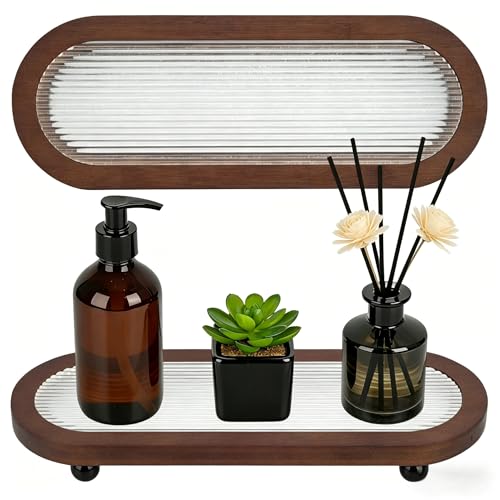 Sink Organizer for Bathroom and Kitchen, Decorative Oval Vanity Tray, Wood and Acrylic, 11.8x4.3x1.35 Inch, with Raised Metal Feet, for Bathroom Vanity Display (Stripe) - color: Stripe