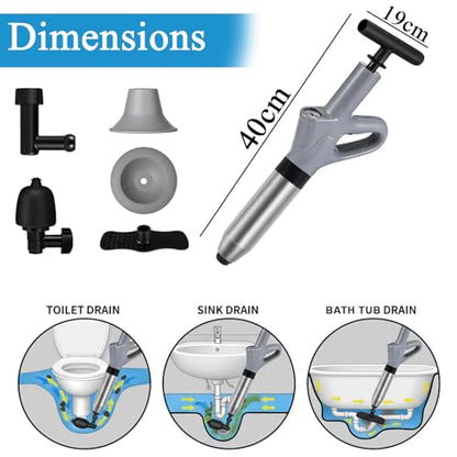 Toilet Plunger, High Pressure Toilet Plunger with Gloves,2 Hair Snake,2 Hair Filters, Toilet Auger Air Drain Blaster with Real-Time, Heavy Duty Plunger for Bathroom and Kitchen Plumbing Clogs