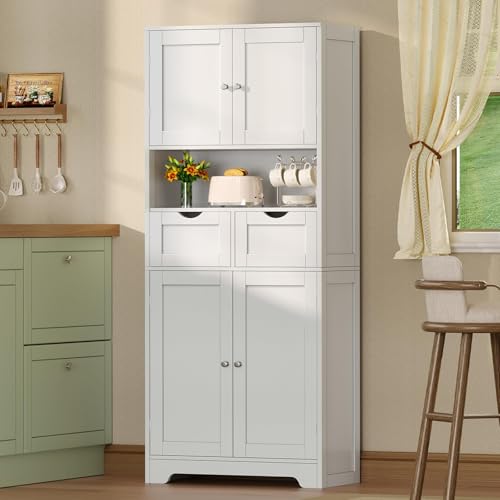 Iwell Tall Storage Cabinet with Adjustable Shelf & 2 Drawers, Kitchen Pantry Cabinet, Pantry Cabinets with 4 Doors, Tall Cabinets for Living Room, Kitchen, Bathroom, White - color: White-4 Shelves