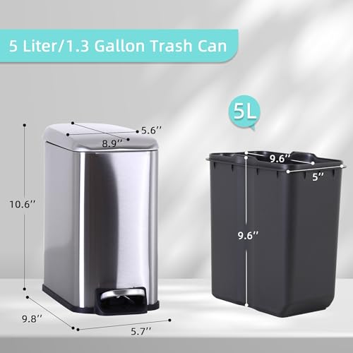 Small Bathroom Trash Can with Lid, 5 Liter/1.3 Gallon Stainless Steel Small Garbage Can with Removable Inner Bucket & Soft-Close Foot Pedal, Slim Trash Can for Bathroom, Bedroom, Office (Silver) - color: Silver, size: 1 Pack