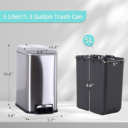 Small Bathroom Trash Can with Lid, 5 Liter/1.3 Gallon Stainless Steel Small Garbage Can with Removable Inner Bucket & Soft-Close Foot Pedal, Slim Trash Can for Bathroom, Bedroom, Office (Silver) - color: Silver, size: 1 Pack