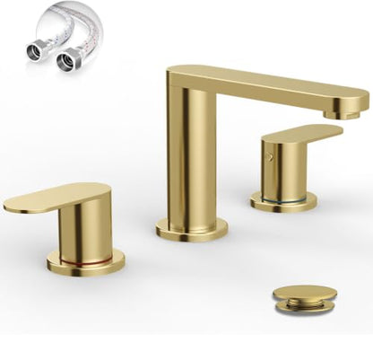 BWE Brushed Gold Bathroom Faucet 3 Hole 8 Inch Widespread Sink Faucets | Stainless Steel Bathroom Faucets with Pop-up Drain and Supply Lines, 360° Swivel Spout 2-Handle Sink Faucet for Bath Vanity - color: Brushed Gold, size: 8 Inches Widespread