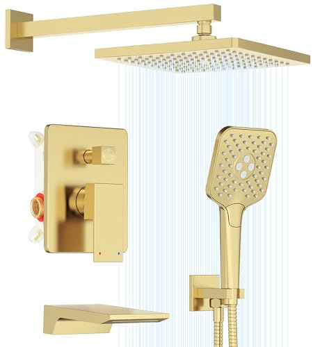 Gabrylly Shower System with Tub Spout, Wall Mounted Shower Faucet Set for Bathroom with High Pressure 10" Rain Shower head and 3-Setting Handheld Shower Head Set,Brushed Gold - color: brushed gold 01