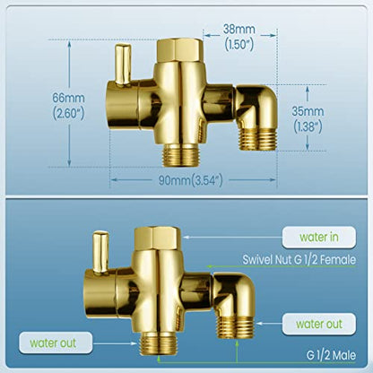 Brass Shower Diverter Valve for Handheld Shower Head and Fixed Spray Head G1/2 3 Way Universal Bathroom System Component Replacement Part, Polished Gold - color: Polished Gold
