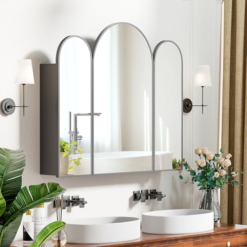 Triple Arched Black Medicine Cabinet, 3 Doors, 31X28Inch Surface Mount Bathroom Cabinet with Trifold Arched Mirror, Metal Edge - color: Brushed Black