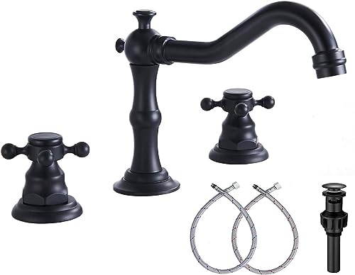 Black Bathroom Faucet 2 Handles 3 Holes Faucet 8 inch Widespread Bathroom Sink Faucet Tap Mixer Supply Hose Included Matching Metal Pop Up Drain - color: Black, style: Metal Cover