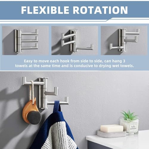 Suyar Swivel Towel Hook Brushed Nickel, Bathroom Robe Hook with 3 Arms | SUS304 Stainless Steel Shower Towel Holder, Space-Saving Design, Holds 3 Towels at Once, Wall Mounted - color: Brushed Nickel, size: 1 Pack