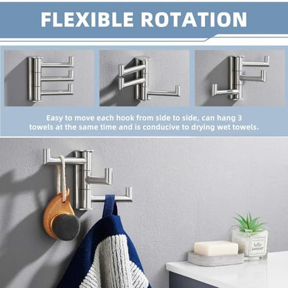 Suyar Swivel Towel Hook Brushed Nickel, Bathroom Robe Hook with 3 Arms | SUS304 Stainless Steel Shower Towel Holder, Space-Saving Design, Holds 3 Towels at Once, Wall Mounted - color: Brushed Nickel, size: 1 Pack