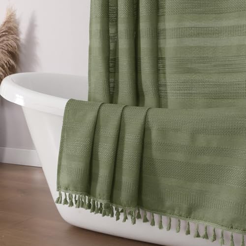 Sage Green Shower Curtain for Bathroom, Boho Linen Textured Shower Curtain with Tassel, Rustic Striped Heavy Duty Vintage Country Bathroom Curtain, 72Wx72L Inches - color: Sage Green, size: 72"W x 72"L (Pack of 1)