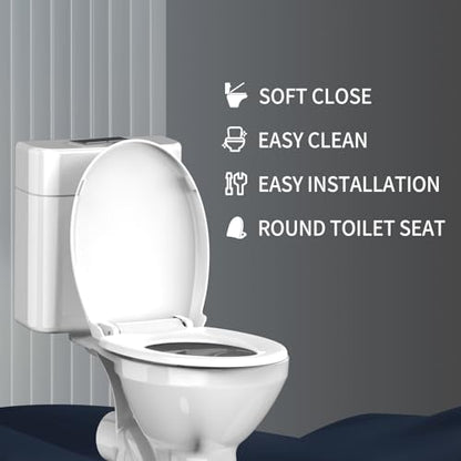 Round Toilet Seat 16.5 Inch, Soft Close Toilet Seat with Quiet Slow Close, Quick Release & Easy Clean, Durable PP Toilet Lid, Easy Installation, Standard Round Toilet Seat, White