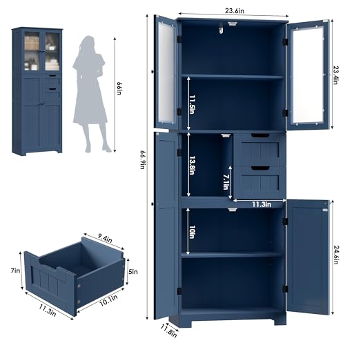 BOTLOG 67'' Tall Bathroom Storage Cabinet, Linen Cabinet with Glass Doors and Adjustable Shelves, Kitchen Pantry with 2 Drawers for Bathroom, Living Room, Dining Room, Blue | 2 Drawers, Linen Bathroom Cabinet with Glass Doors and Shelves for Living Room,