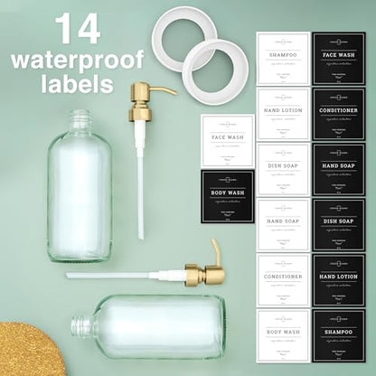 Vine Creations Clear Glass Soap Dispenser, 2 Pack Kitchen Soap Dispenser Set with Stainless Steel Pump, 16 oz Dish Soap and Hand Soap Dispensers for Bathroom with Waterproof Labels - color: Clear Bottle / Brushed Gold Pump