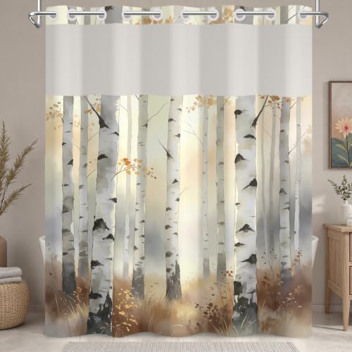 No Hook Birch Tree Shower Curtain with Snap in Liner, 71x74 Inch | Mesh Top & Double Layer Waterproof Bath Tub Curtain, Rustic Forest Woodland Scenery Design for Cabin Farmhouse Bathroom Decor - color: Birch Trees