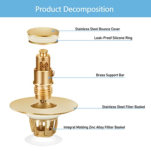Gold Bathroom Sink Stopper – Pop Up Drain Stopper & Strainer, 2-in-1 Universal Sink Stopper, Compatible with 1.1" to 1.5" Bathroom Sink Drain Pipes, Gold Matte Brushed Finish - color: Gold Matte Brushed Finish