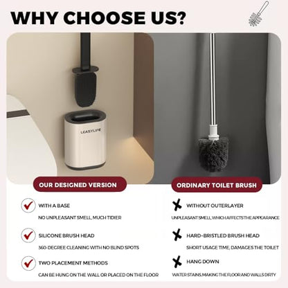 Toilet Brush and Holder, Stainless Steel, Off-White | Removable Inner Bowl and Splash Protection,Flat and Elongated,Dense Bristles for Through Cleaning - color: Off-white