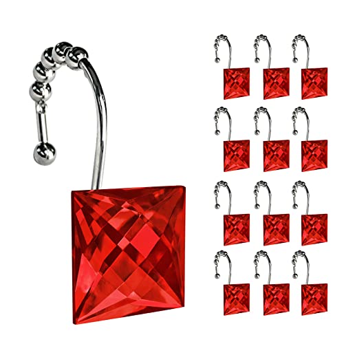 Sunlit Luxury Design Square Red Diamond Crystal Gem Bling with Glide Balls Shower Curtain Hooks, Rust Proof Metal Rhinestones Glam Shower Curtain Rings-12 Pack - color: Red