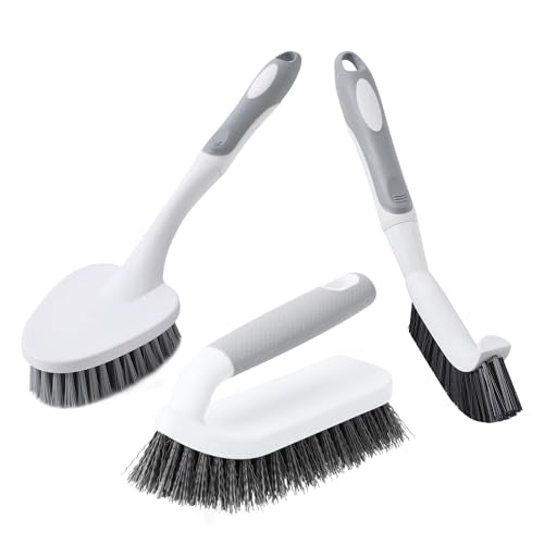 CLEANHOME 3 Pcs Scrub Brush,Multifunctional Cleaning Brush Set | With Non-Slip Handle and Sturdy Bristles,Scrub Brushes for Cleaning Bathroom,Kitchen,Grout,Tile,Grey