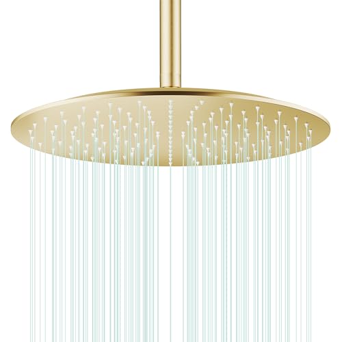 All Metal Rain Shower Head - Heavy Duty Stainless Steel, Easy Install, High Water Flow, Ultra-Thin Modern Design for Bathroom (F-Brushed Gold, 16) - color: Brushed Gold, size: 16
