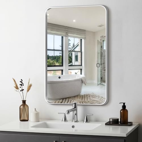Bathroom Vanity Mirror, Silver Framed Mirror for Over Sink, 30x20 | HD glass, distortion-free for makeup and grooming, Sturdy frame, all mounting hardware, hangs horizontal or vertical - color: Rect Silver, size: 30"L x 20"W