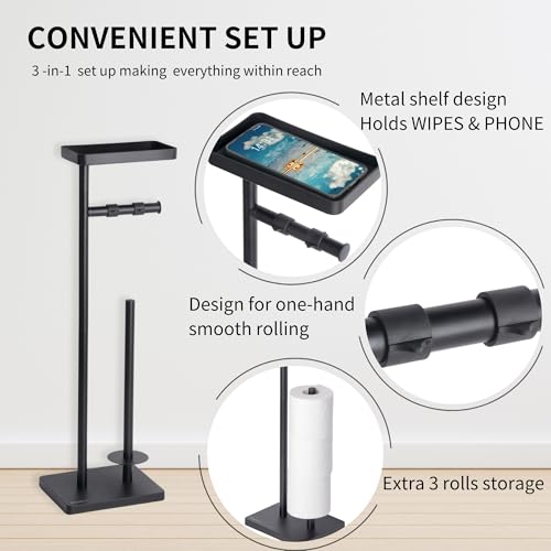 Clasin Home Black Toilet Paper Holder Stand with Metal Top Shelf, Free Standing Bathroom Tissue Roll Holder with Weighted Base and Storage for 4 Rolls - color: Black