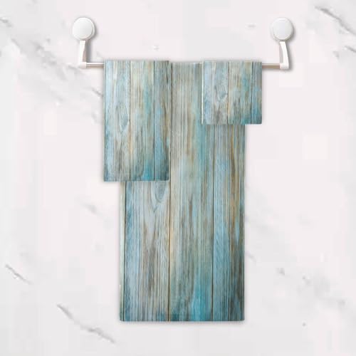 ALAZA Towel Bathroom Sets, Teal Green Brown Wood Towels 3-Piece 1 Bath Towel 1 Washcloth 1 Hand Towel, Bath Towel Set of 3 Soft Multifuntion for Home Kitchen - color: Multi09