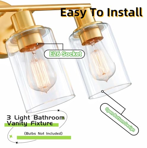WISBEAM 3-Light Bathroom Vanity Light Over Mirror, Gold Bathroom Wall Sconce with Clear Glass Shade Including E26 Medium Base, Bulb NOT Included - color: Gold, size: VNT004