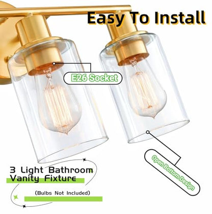 WISBEAM 3-Light Bathroom Vanity Light Over Mirror, Gold Bathroom Wall Sconce with Clear Glass Shade Including E26 Medium Base, Bulb NOT Included - color: Gold, size: VNT004