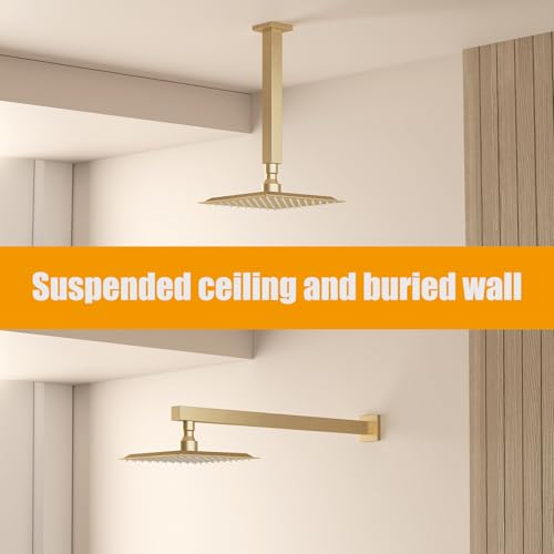 8 In Rain Shower Head High Pressure Rainfall Shower Head Brushed Gold | Square Rain Bathroom Showerhead, High Flow, Large Stainless Steel, Ceiling Mounted, Wall Mounted, Waterfall Full Body - color: Brushed Gold, size: 8 Inch