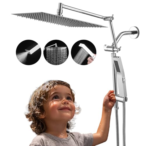 All Metal 10 Inch Rain Shower Head with Handheld Spray Combo, High Pressure Waterfall Rainfall Square Shower Heads with 16" Adjustable Extension Arm, Dual Showerhead with 3-Way Diverter, Chrome - color: Polished Chrome, size: 10 Inch