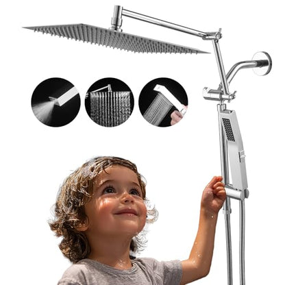 All Metal 10 Inch Rain Shower Head with Handheld Spray Combo, High Pressure Waterfall Rainfall Square Shower Heads with 16" Adjustable Extension Arm, Dual Showerhead with 3-Way Diverter, Chrome - color: Polished Chrome, size: 10 Inch