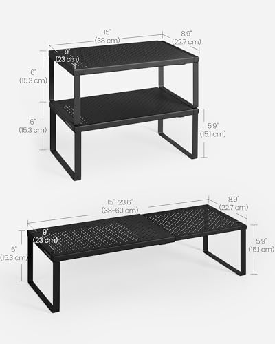 SONGMICS Spice Racks Expandable Kitchen Countertop Shelves, Metal | Set of 2 small cupboard organizers, space-saving tabletop shelves, Matte Black, UKCS402B01 - color: Matte Black, size: Set of 2