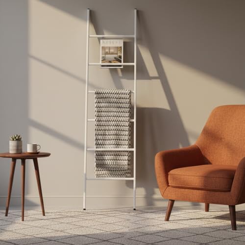 6-Tier Blanket Ladder 68 Inch Wall-Leaning Towel Rack for Living Room and Bedroom, Easy Assembly - White - color: White