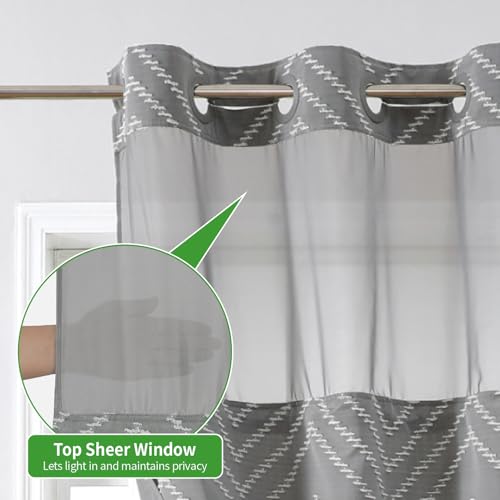 Grey No Hook Shower Curtain with Snap-in Liner Set,Boho Modern Farmhouse White Tufted Chevron Striped Design,Woven Fabric Bathroom Curtain,71x74 - color: White Grey, size: 71"W x 74"L (Pack of 1)