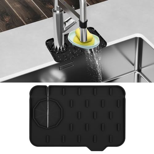 Dimeho Sink Faucet Splash Guard Mat Silicone Soap Dish Pad Faucet Handle Drip Catch Sponge Holder Sink Protector Trays for Bathroom Kitchen Countertop Gadgets Accessories 8.3 x 5.7 Inch(Black) - color: Black