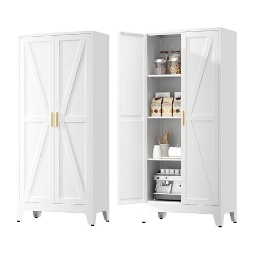 Kitchen Pantry Cabinet with Barn Doors,61" H x 27.5" W,Metal Farmhouse Storage Cabinet with Adjustable Shelves,4-Tier Storage Cabinet for Kitchen Dining Room Garage Office,White 1 Pack - color: White, size: 13.8"D x 27.5"W x 61"H