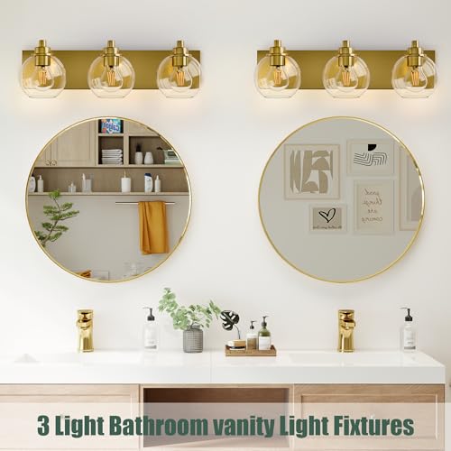 3 Light Bathroom Light Fixtures-Brushed Gold Bathroom Vanity Lights, Modern Vanity Lights 3-Light Bathroom Lighting Fixtures Over Mirror with Clear Glass Globe Shade - color: Gold, size: 3-Light