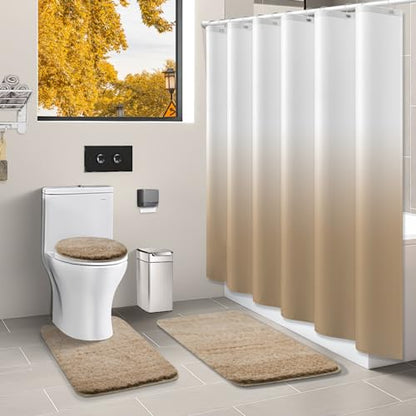 Shower Curtain Sets with Rugs and Adjustable Toilet Seat Cover | 4 Pcs Beige Bathroom Sets with Shower Curtain and Rugs and Microfiber Toilet Lid Cover - color: Beige