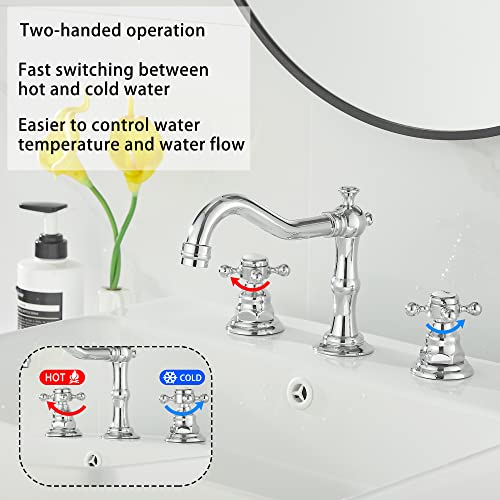 2 Handles 3 Holes Faucet Widespread Bathroom Sink Faucet Chrome Basin Mixer Tap Matching Pop Up Drain with Overflow - color: Chrome, style: Ceramic Cover
