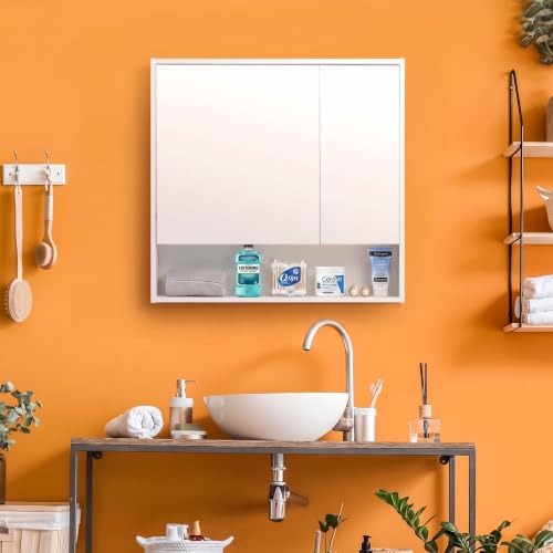 ALIMORDEN Medicine Cabinet with Mirror and Shelves, Bathroom Wood Wall Cabinet Over The Toilet, Vanity, Recessed or Surface Mount, 30.07 Inch x 30 Inch, White - color: White