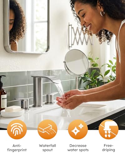 WOWOW Waterfall Bathroom Faucet 3 Holes 8Inch Widespread Bathroom Sink Faucet, Two Handles Brushed Nickel Bathroom Faucet with Pop-up Drain & Supply Hoses, Modern Faucet Mixer Taps Brushed Nickel - color: Brushed Nickel