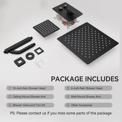 Rainfall Shower System, STARBATH 10" Ceiling Mount Rain Showerhead and 6" Wall Mounted Rainfall Shower for Couples, On Off Button Valve Dual Head Shower Systems Complete, Matte Black - color: Matte Black, size: 10+6 inch-14