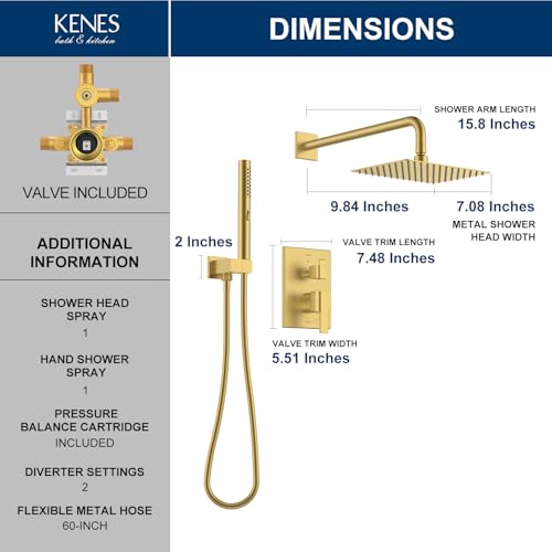 KENES Brushed Gold Square Rainfall Shower System Faucet Set with Handheld | Shower Faucet with 10-Inch Rain Shower Head, Square Shower System, Valve Included, Lead-Free cUPC & NSF Certified, Stainless - color: Brushed Gold, style: Showerhead and Handheld