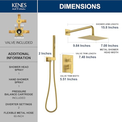 KENES Brushed Gold Square Rainfall Shower System Faucet Set with Handheld | Shower Faucet with 10-Inch Rain Shower Head, Square Shower System, Valve Included, Lead-Free cUPC & NSF Certified, Stainless - color: Brushed Gold, style: Showerhead and Handheld