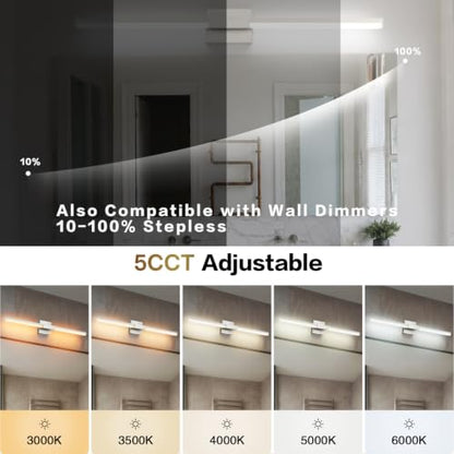 SOLFART Bathroom Lights Over Mirror 40-Inch: Brushed Nickel 5CCT Dimmable Bathroom Vanity Light, Solid Frosted Acrylic, Built-in Dimmer, 360 Degree Rotation, ETL IP44 - color: Brushed Nickel-5CCT, 5-Step Brightness Control, size: 40 inch