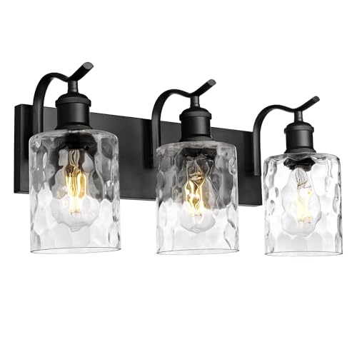 Bathroom Vanity Light Fixtures Over Mirror 3-Light Hammered Glass Wall Mounted Modern Black - VL01BKH-3 - color: Black & Hammered Glass, size: 3 LIGHT